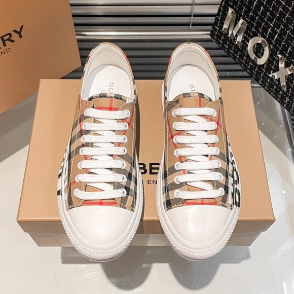 BURBERRY LARKHALL BEIGE CHECK CANVAS LOGO SNEAKERS - Picture 2 of 7